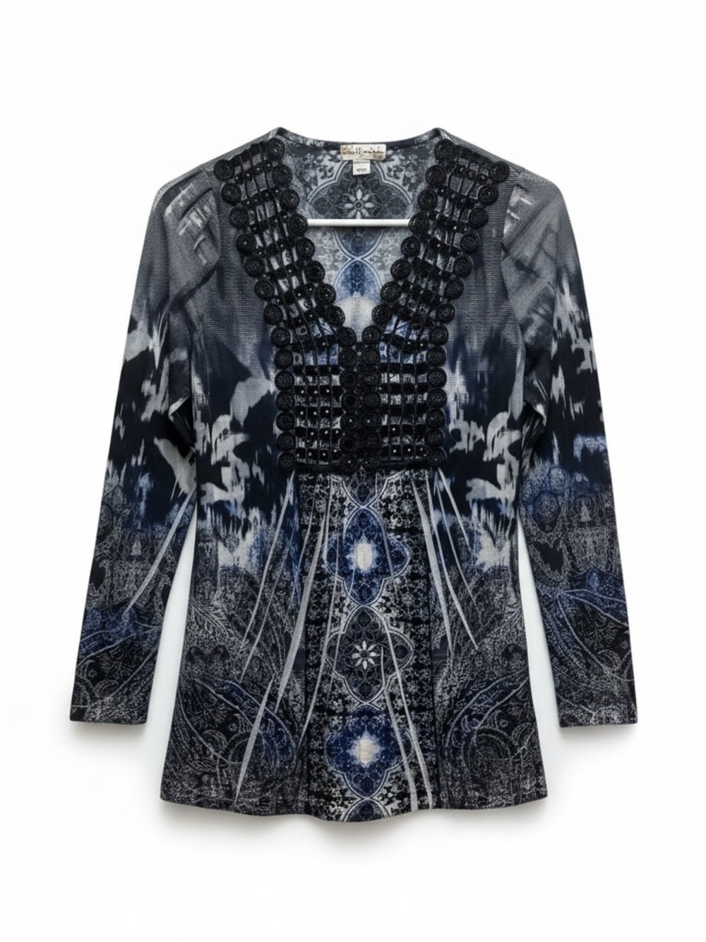World Unity Embellished Boho Paisley Tunic Top Blue Black Small Like New